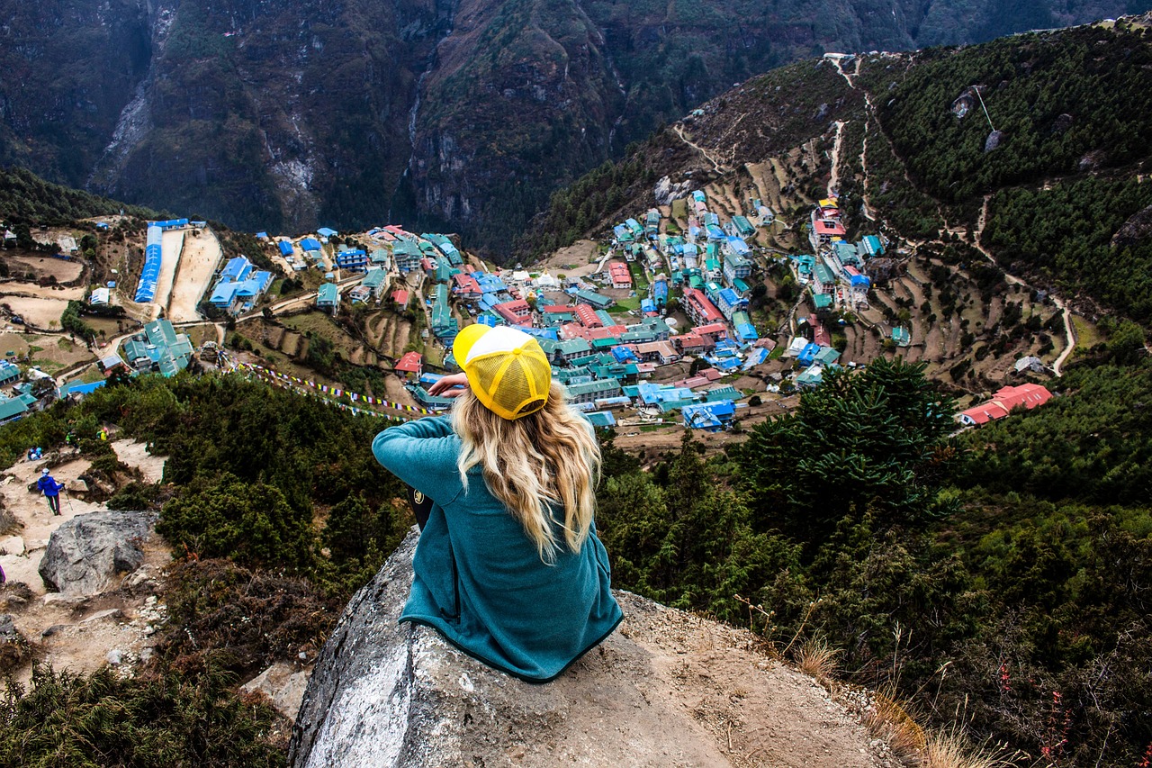 Trekkers walking on the Everest Base Camp trail near Namche Bazaar